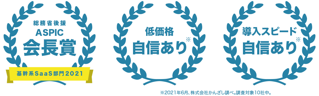 総務省後援 ASPIC会長賞 基幹系SaaS部門2021,低価格No.1,導入スピードNo1